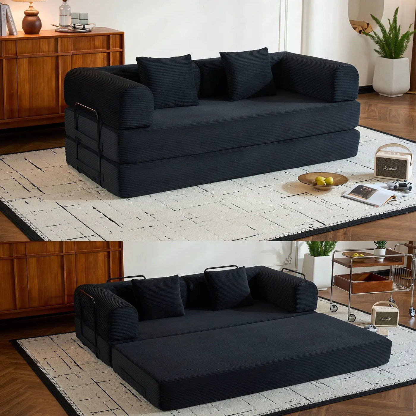 Convertible Sleeper Sofa Bed With Cylindrical Pillow, With Fixed Shape Frame by HouseOfZazla