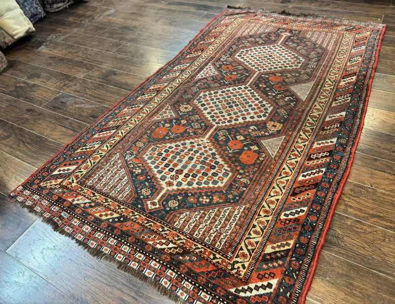 Antique Persian Shiraz Rug 5x8, Khamseh Tribal Wool 1920s Carpet, Navy Blue by Jewel Rugs