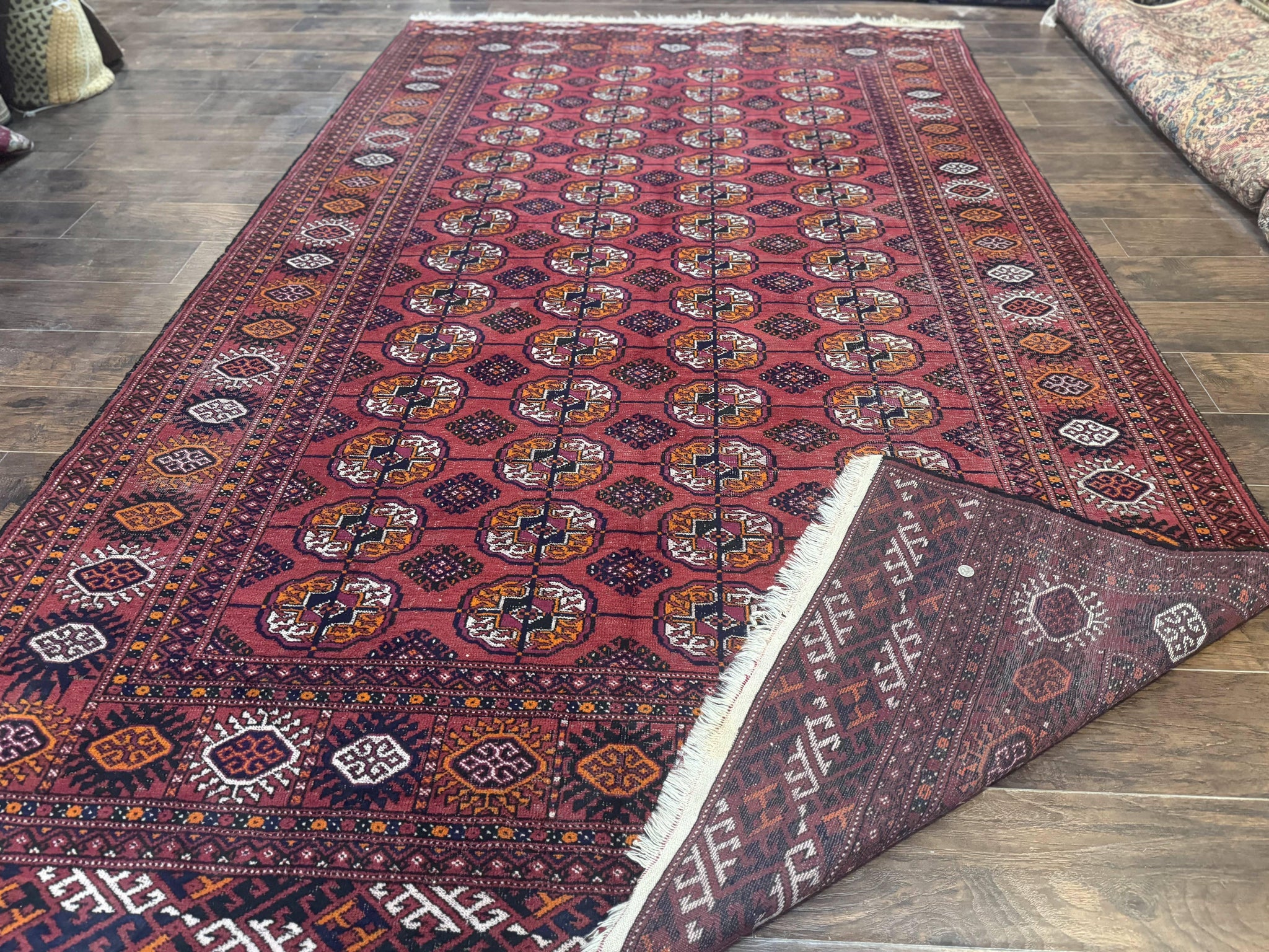 Antique Persian Turkoman Bokhara Rug 7x11, Tribal Rug, Red by Jewel Rugs