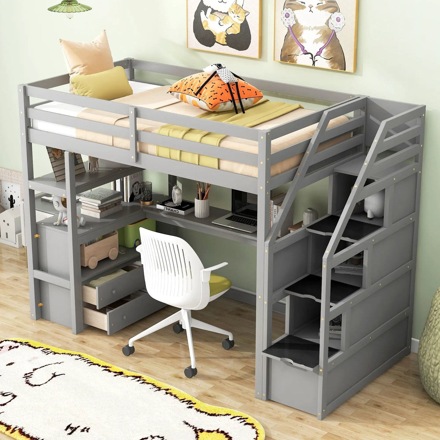 Loft Bed With Desk, Shelves, 2 Drawers, Storage Staircase by Unique Piece Furniture