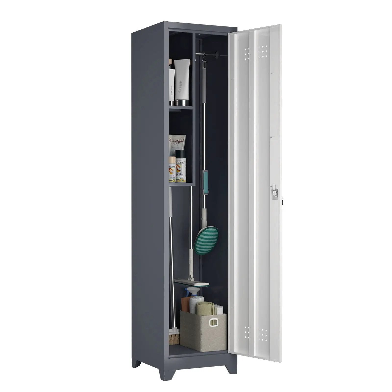 Broom Storage Cabinet Narrow Slim With Hooks And Shelves, Heavy-Duty by HouseOfZazla
