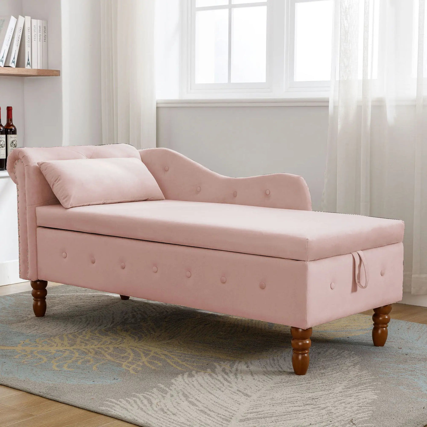 Chaise Lounge Indoor, Lounge Chair For Bedroom With Storage & Pillow, Modern Upholstered Rolled Arm Chase Lounge For Sleeping With Nailhead Trim For Living Room Bedroom Office by Unique Piece Furniture