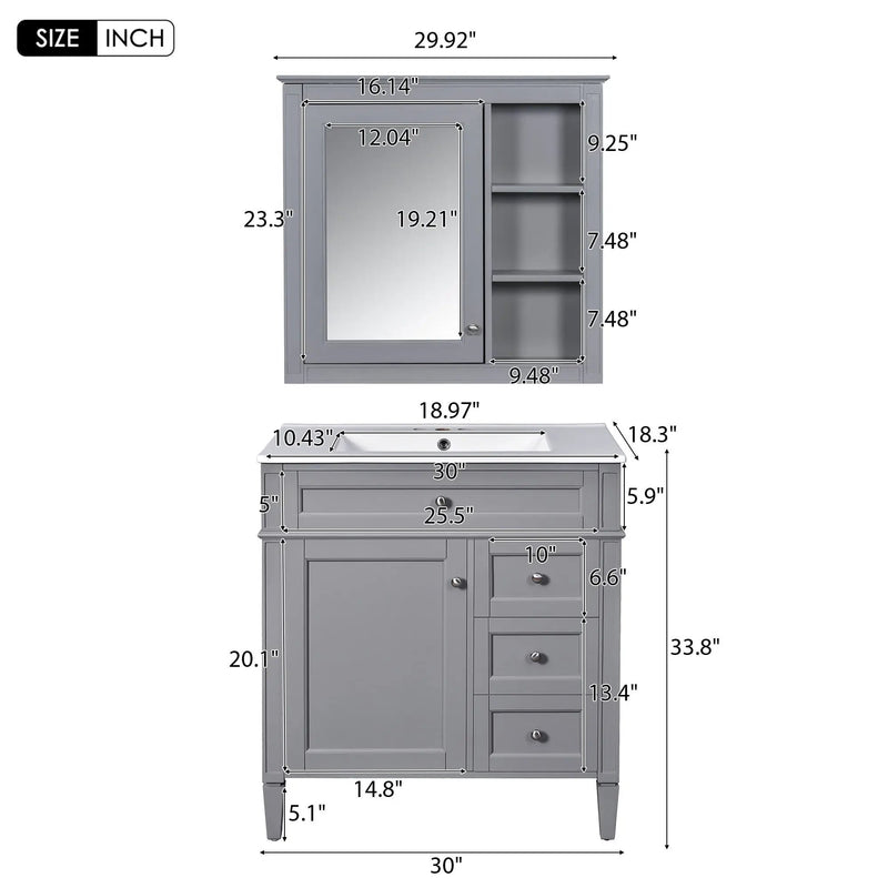Bathroom Vanity With Top Sink, Freestanding Storage Cabinet With 2 Doors And 3 Drawers, Mirror Cabinet Included - Gray by Unique Piece Furniture