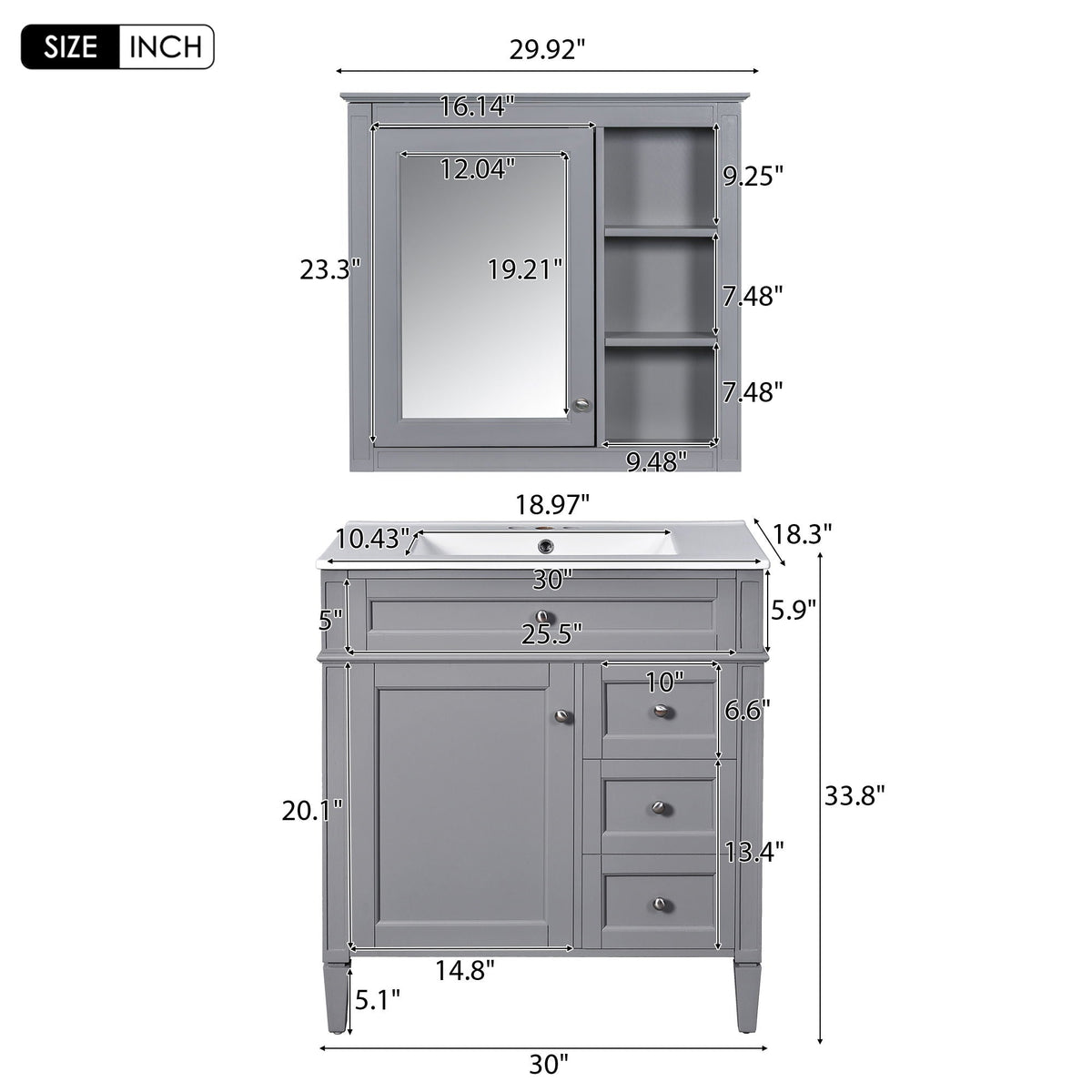 Gray Bathroom Vanity with Ceramic Sink, Storage Cabinet & Mirror, photo 4 of 4
