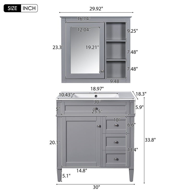 Gray Bathroom Vanity with Ceramic Sink, Storage Cabinet & Mirror, photo 4 of 4