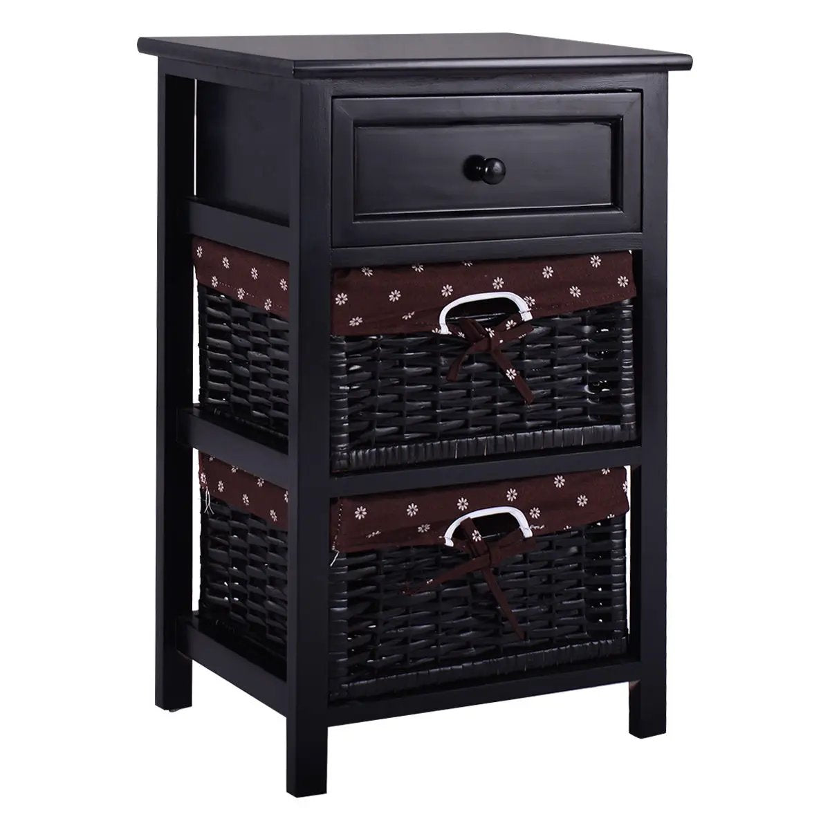 3 Tiers Wooden Storage Nightstand with 2 Baskets and 1 Drawer by DirectDeals