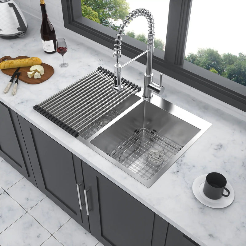 Double Bowl Drop In Sink, Stainless Steel With 50 / 50 Basins 18 Gauge - Brushed Nickel by HouseOfZazla