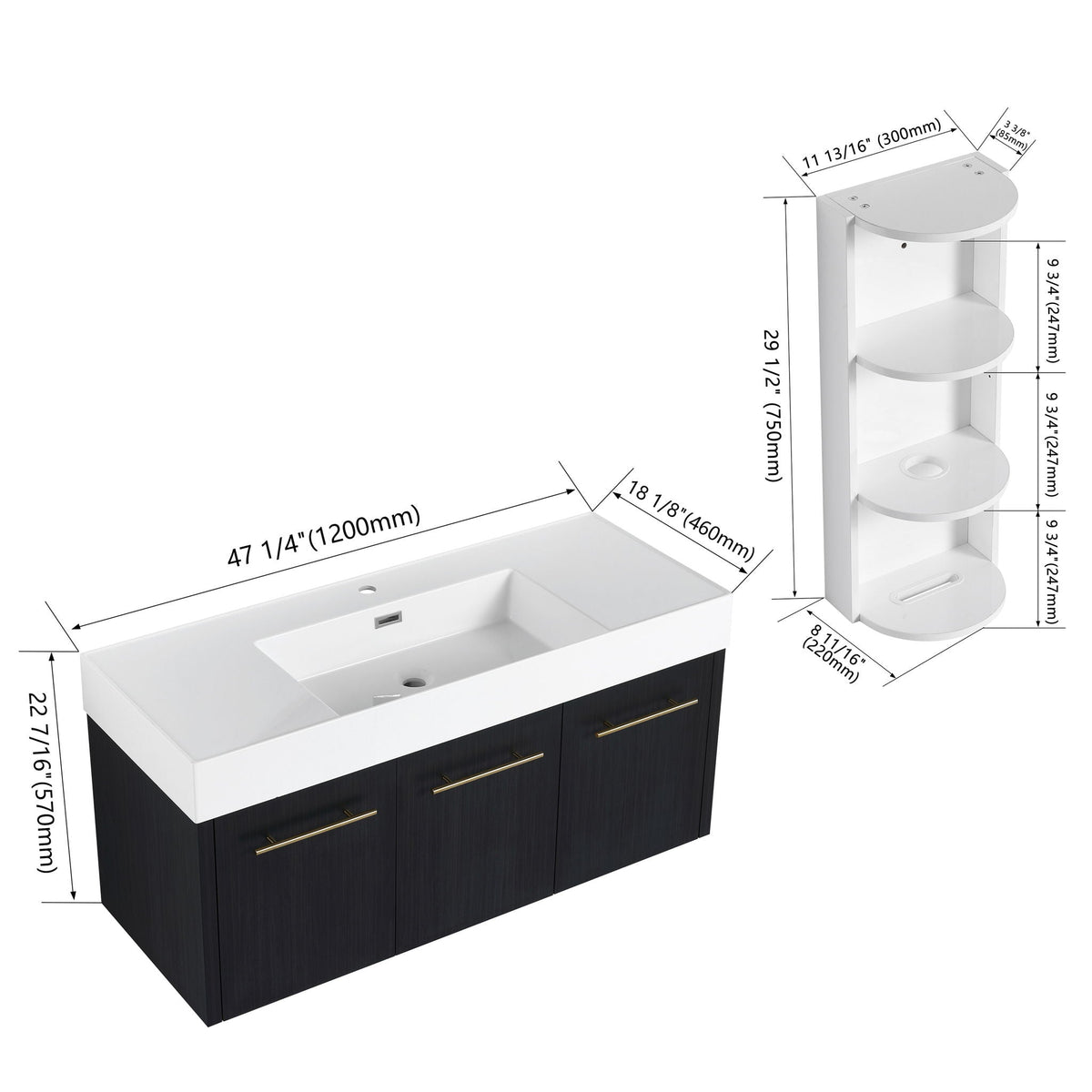 Modern Wall Mounted Bathroom Vanity with Resin Sink - Black, photo 15 of 16