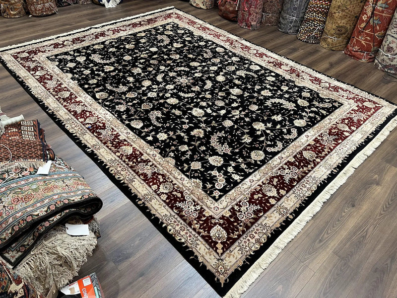 Sino Persian Rug 9x12, High Quality Oriental Carpet, Black and Maroon, Wool and Silk, Allover Floral Pattern, Hand Knotted, Vintage Rug Nice by Jewel Rugs