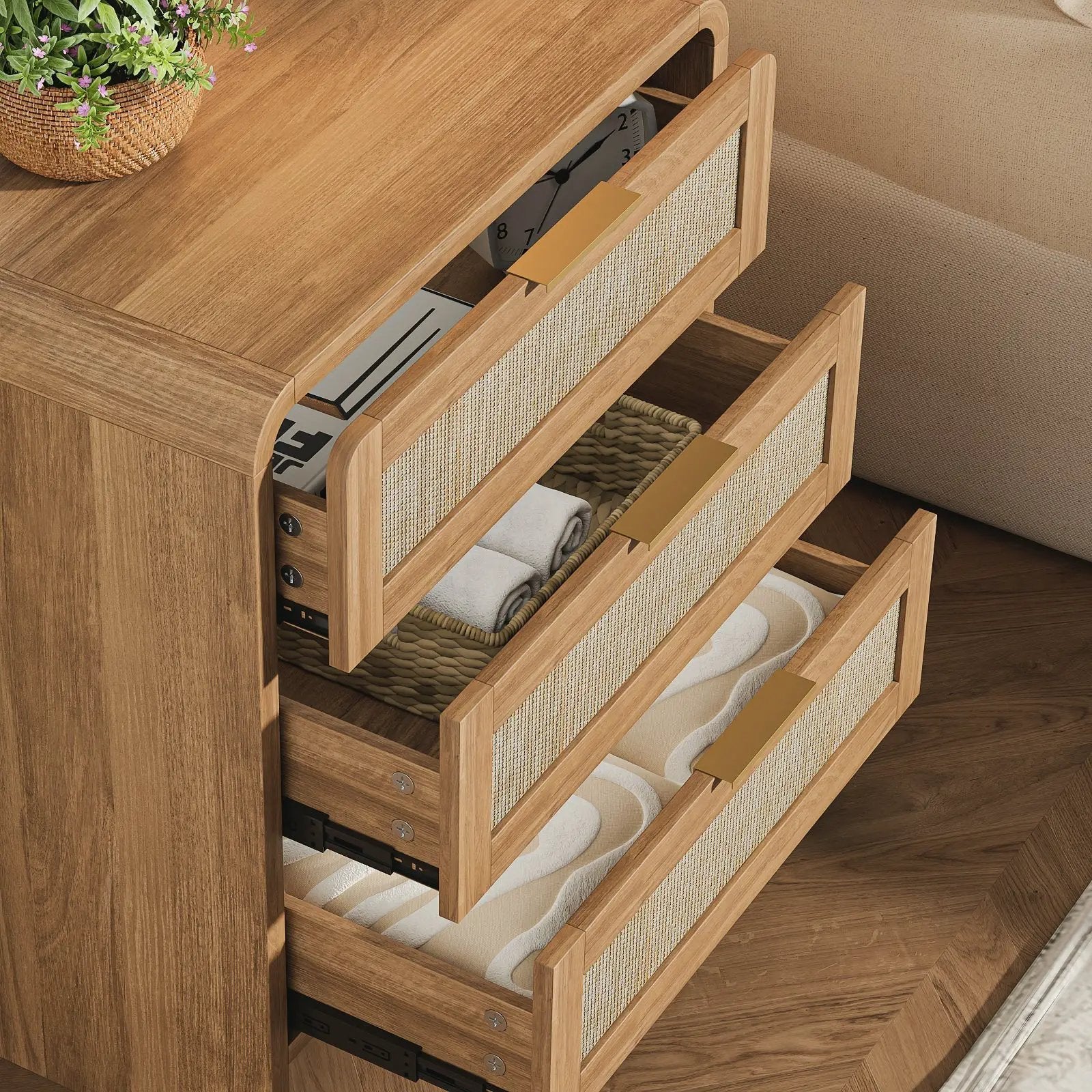 Rattan Nightstand Set of 2 with 3 Drawers in Caramel Oak by HouseOfZazla