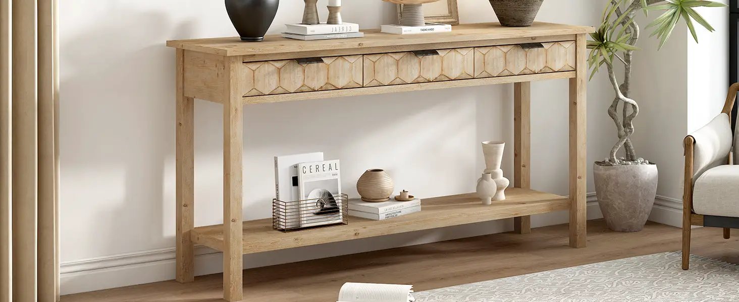 U_Style 58.3'' Fir Veneer Entryway Table with Honeycomb-patterned Fronts by HouseOfZazla
