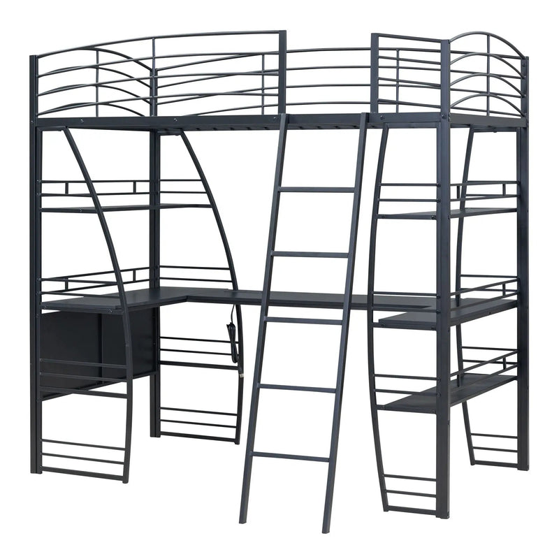Loft Bed With 4 Layers Of Shelves And L-Shaped Desk, Stylish Metal Frame Bed With A Set Of Sockets, USB Ports And And Wireless Charging by Unique Piece Furniture