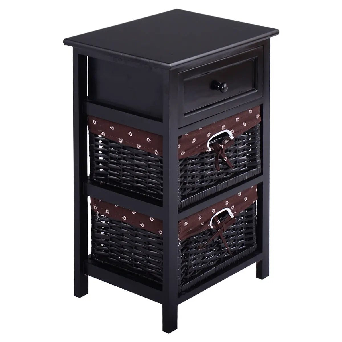 3 Tiers Wooden Storage Nightstand with 2 Baskets and 1 Drawer by DirectDeals