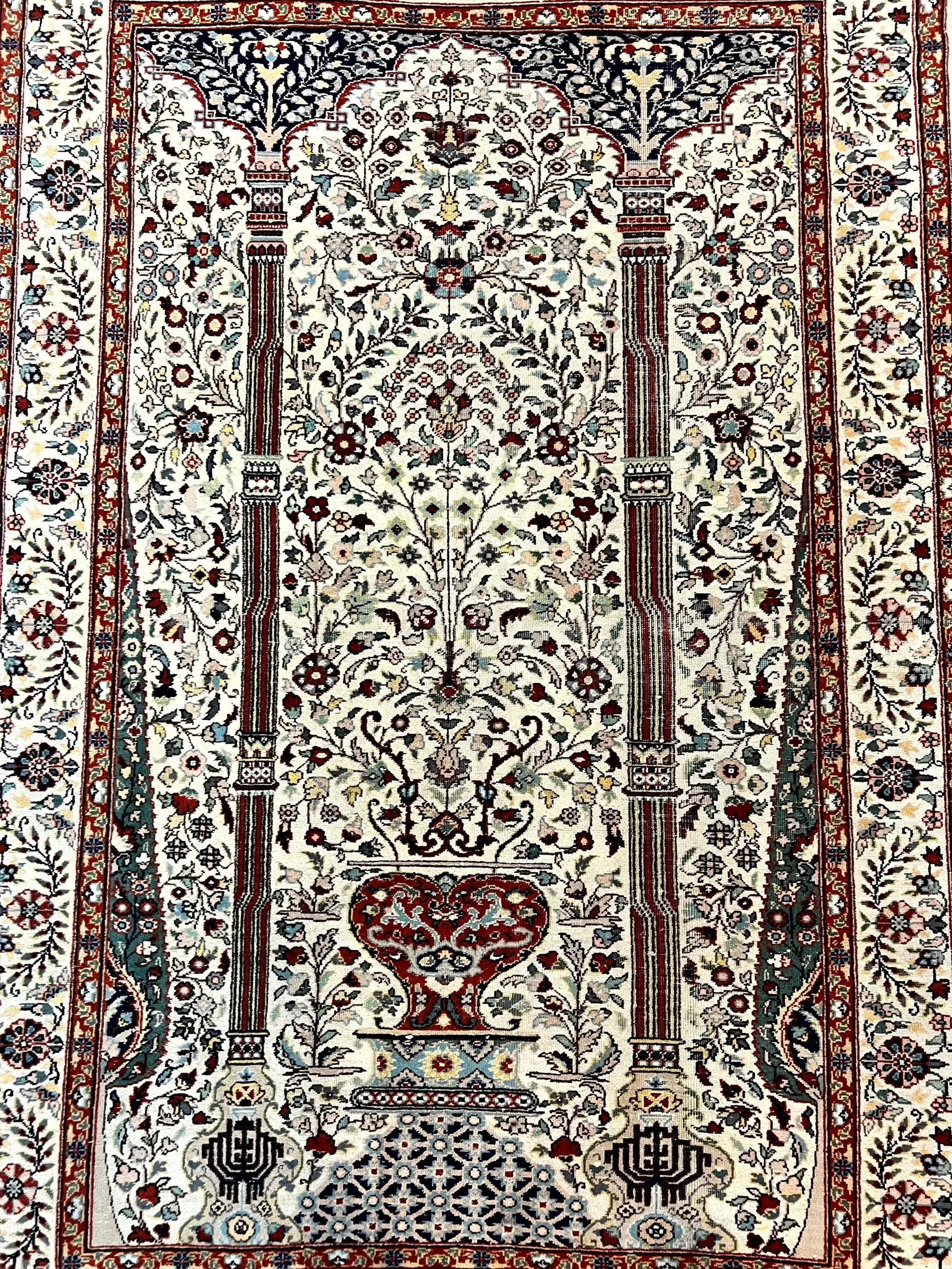 Pak Perisan Prayer Rug 4x6, Tree of LIfe Carpet, Handmade Vintage Wool Rug, Beige, Floral Vases by Jewel Rugs