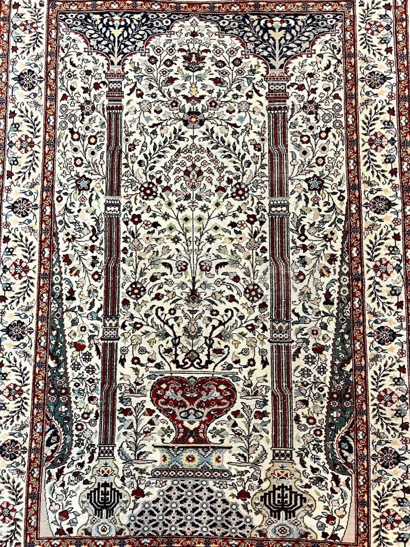 Pak Perisan Prayer Rug 4x6, Tree of LIfe Carpet, Handmade Vintage Wool Rug, Beige, Floral Vases by Jewel Rugs