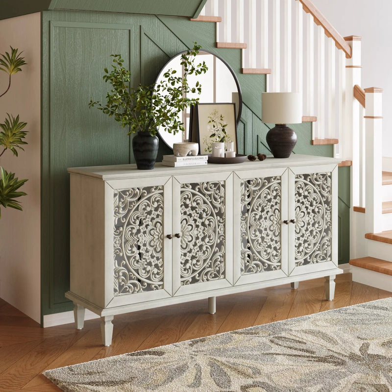60" Antique Buffet Cabinet with Floral Carvings and Solid Wood Legs by HouseOfZazla