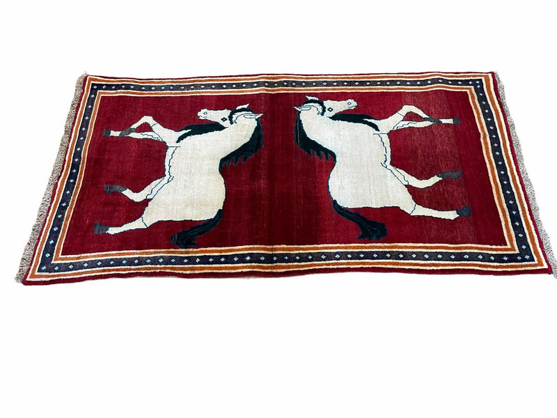 3.5 X 6 Handmade Hand-Knotted New Vintage Rug Quality Wool White Horses Red by Jewel Rugs