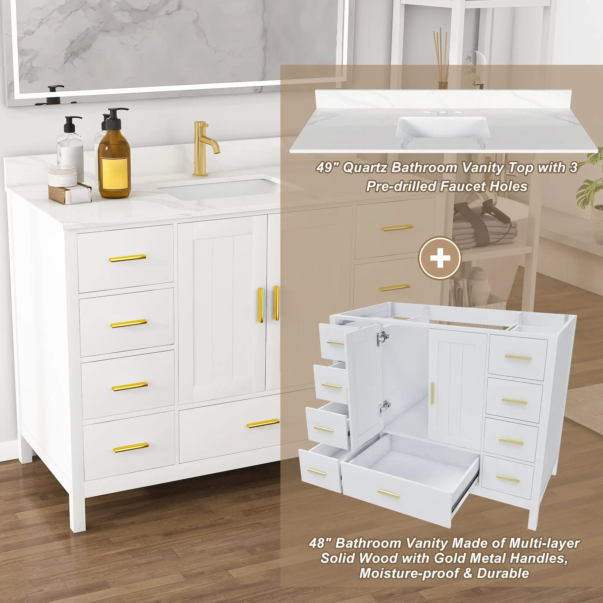 48" Modern Solid Wood Bathroom Vanity with Sink, 49" Carrara by HouseOfZazla