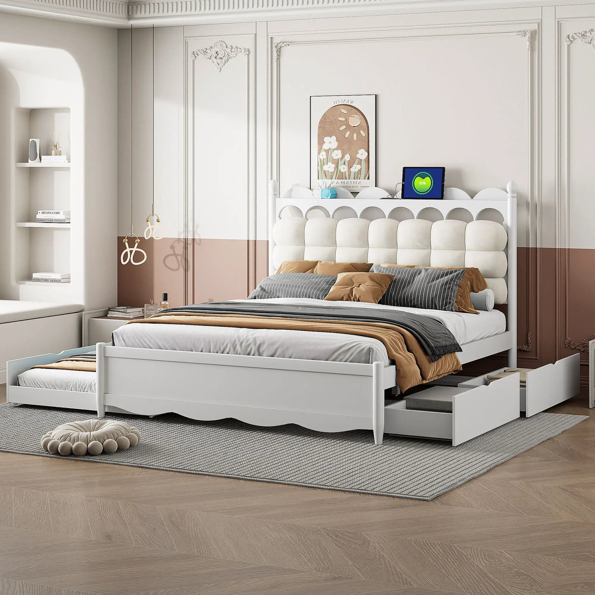 Storage Platform Bed, With 2 Big Drawers, Trundle, One Set Of Sockets & USB Ports by Unique Piece Furniture