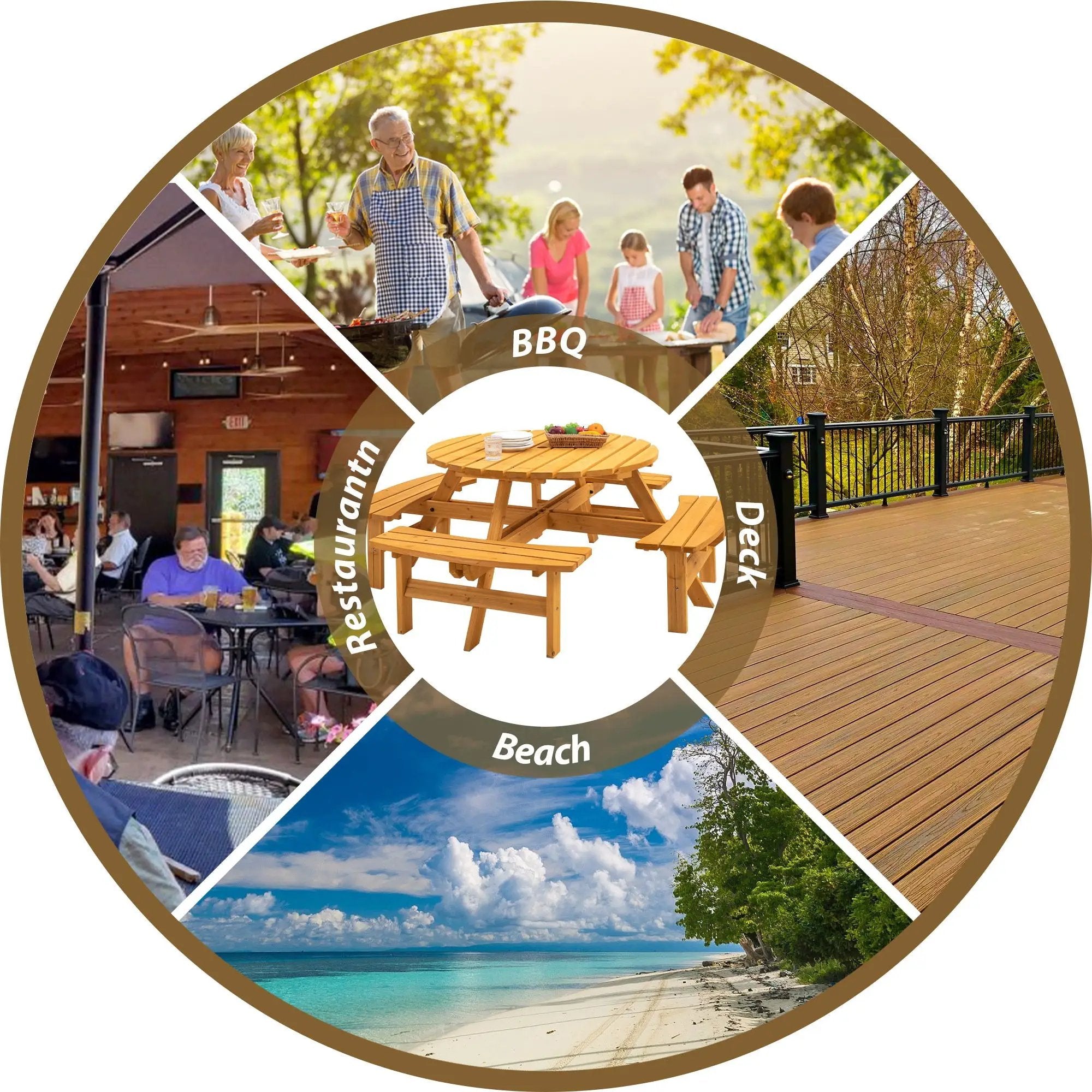 8 Person Wooden Picnic Table, Outdoor Camping Dining Table With Seat, Garden, Diy With 4 Built-In Benches, 2220Lb Capacity by Unique Piece Furniture