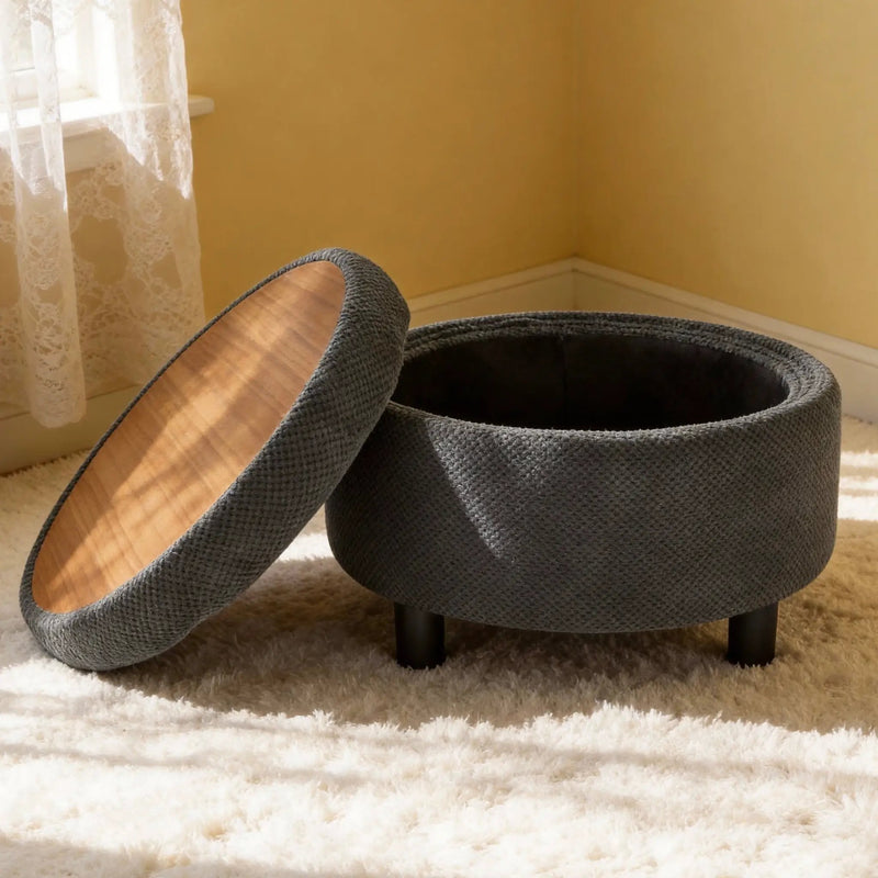25 Inch Round Storage Ottoman with Tray by HouseOfZazla
