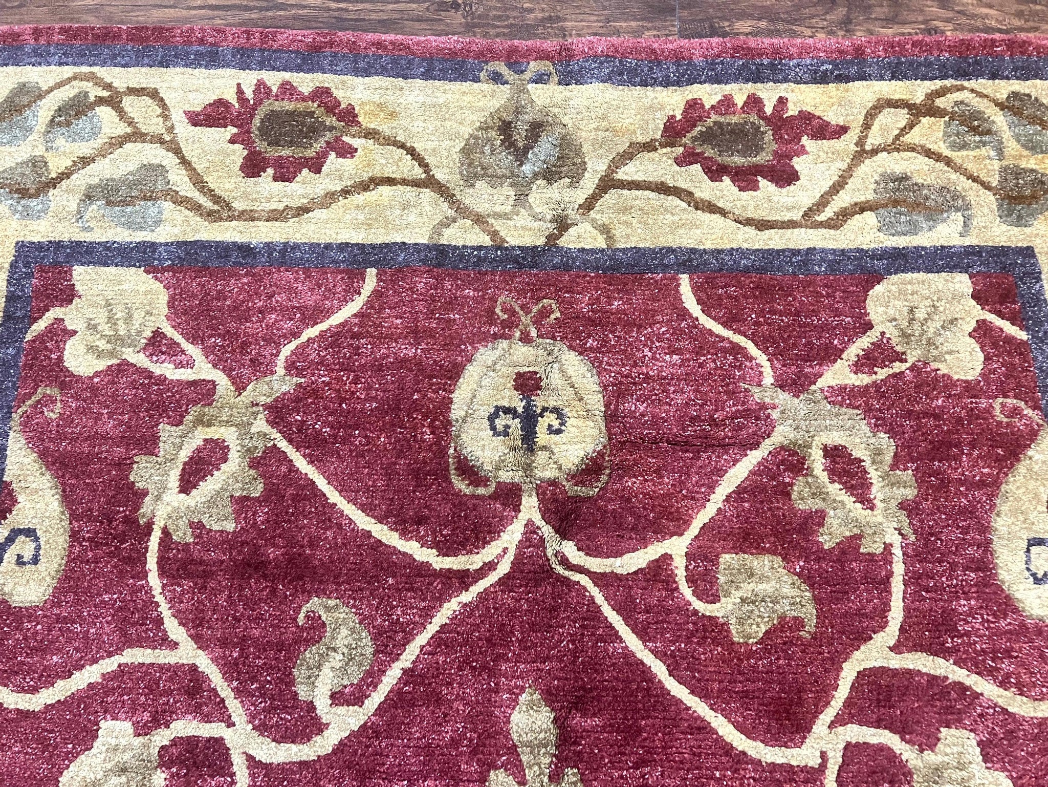Tibetan Aubusson Rug 8x10, Maroon and Beige, Floral, Handmade, Wool, Vintage, Traditional Rug by Jewel Rugs