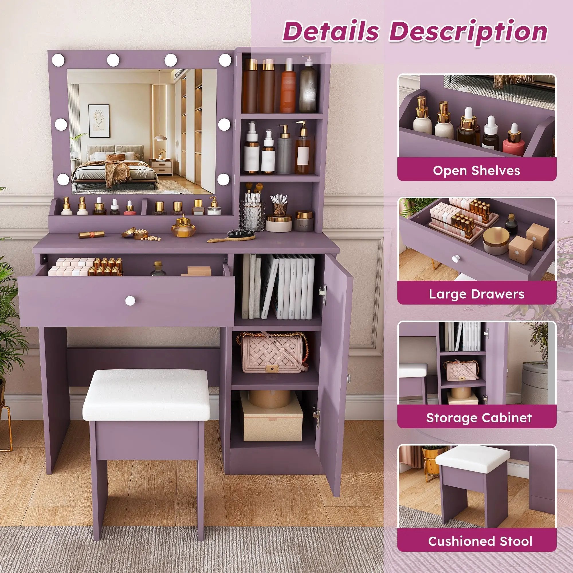 Stylish Vanity Desk Set with Padded Stool & Adjustable Lighted Mirror by HouseOfZazla