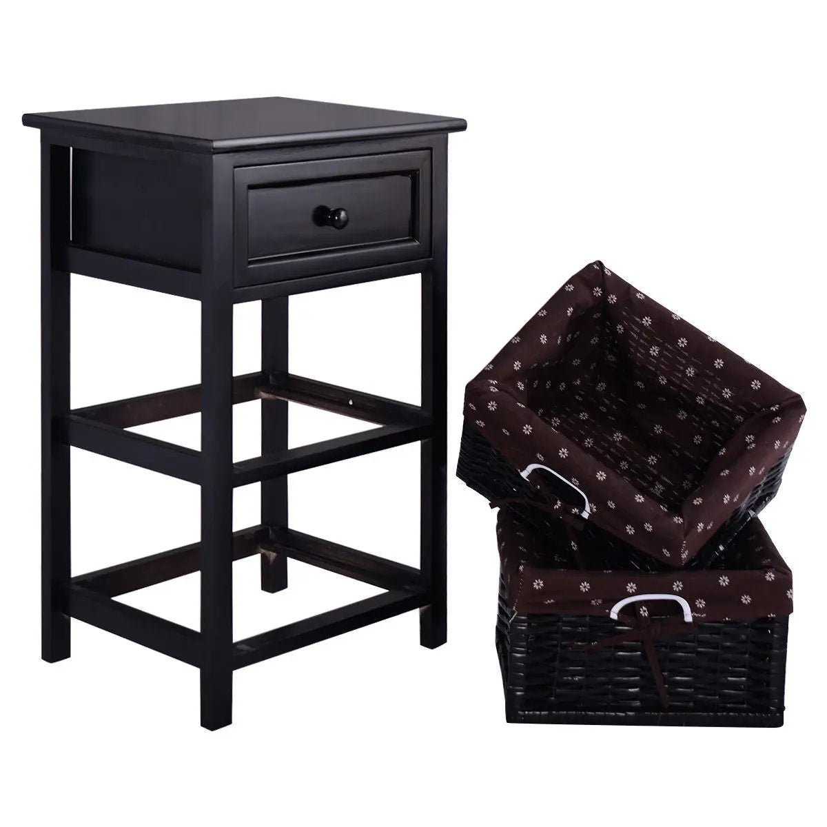 3 Tiers Wooden Storage Nightstand with 2 Baskets and 1 Drawer by DirectDeals