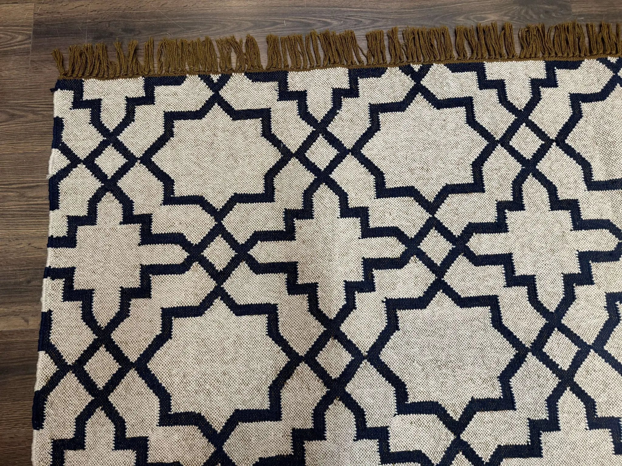 Indian Kilim Rug 8x10, Oat and Navy Blue, Dhurrie Carpet, Handmade, Wool by Jewel Rugs