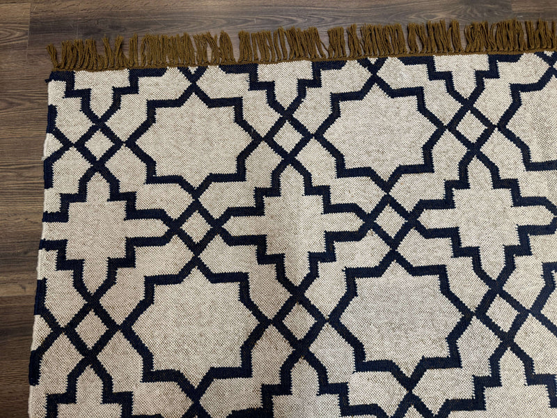 Indian Kilim Rug 8x10, Oat and Navy Blue, Dhurrie Carpet, Handmade, Wool by Jewel Rugs