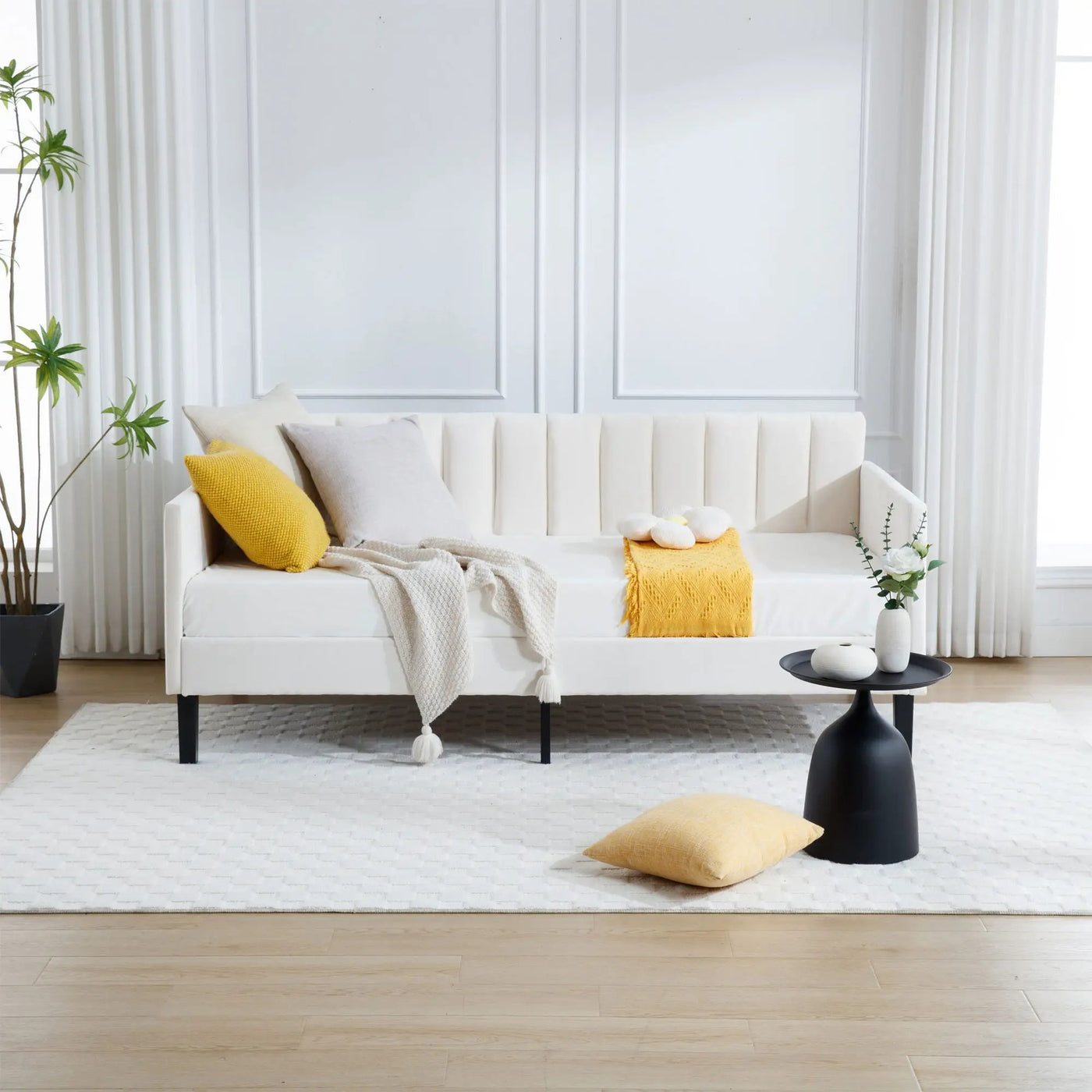 Elena - Boucle Upholstered Daybed, Ribbed Tufted Backrest by HouseOfZazla