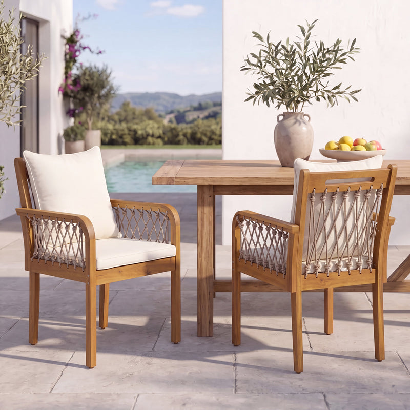 Outdoor Acacia Wood Chairs with Woven Rope Arms - Natural Finish
