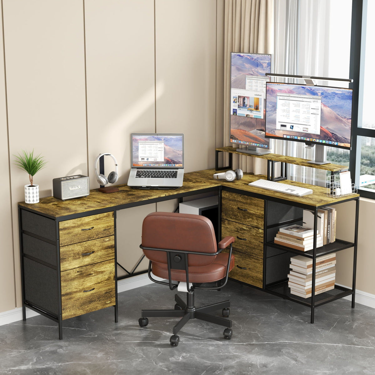 L Shaped Desk with Power Hub and 6 Drawers - Adjustable Monitor Stands - Brown, photo 10 of 14