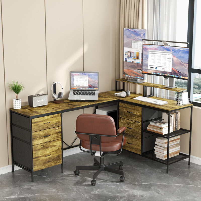 L Shaped Desk with Power Hub and 6 Drawers - Adjustable Monitor Stands - Brown, photo 10 of 14