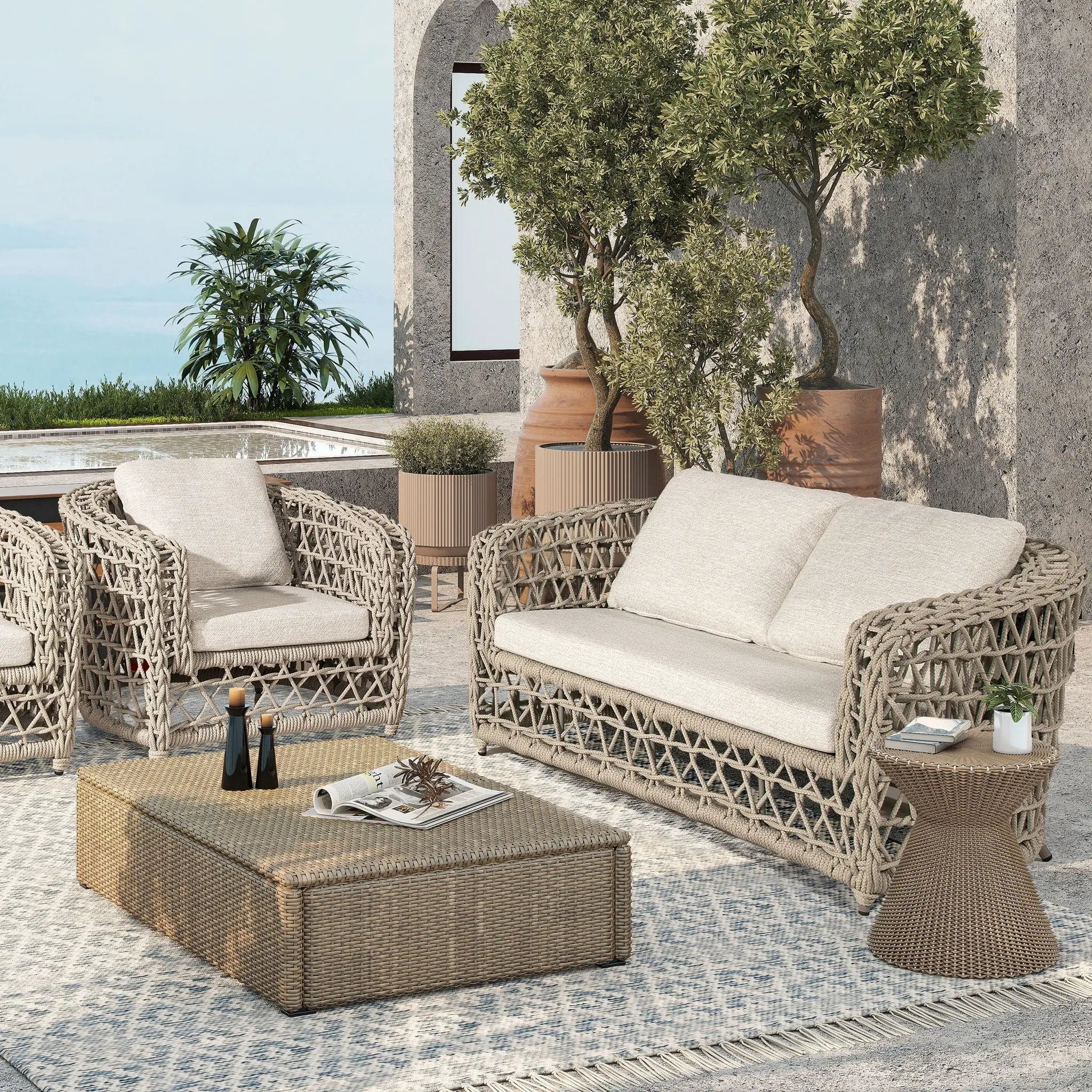Everly - Frame Barrel Deep Seating Patio Loveseat Sofa Axroma Olefin - Oat Beige by Unique Piece Furniture