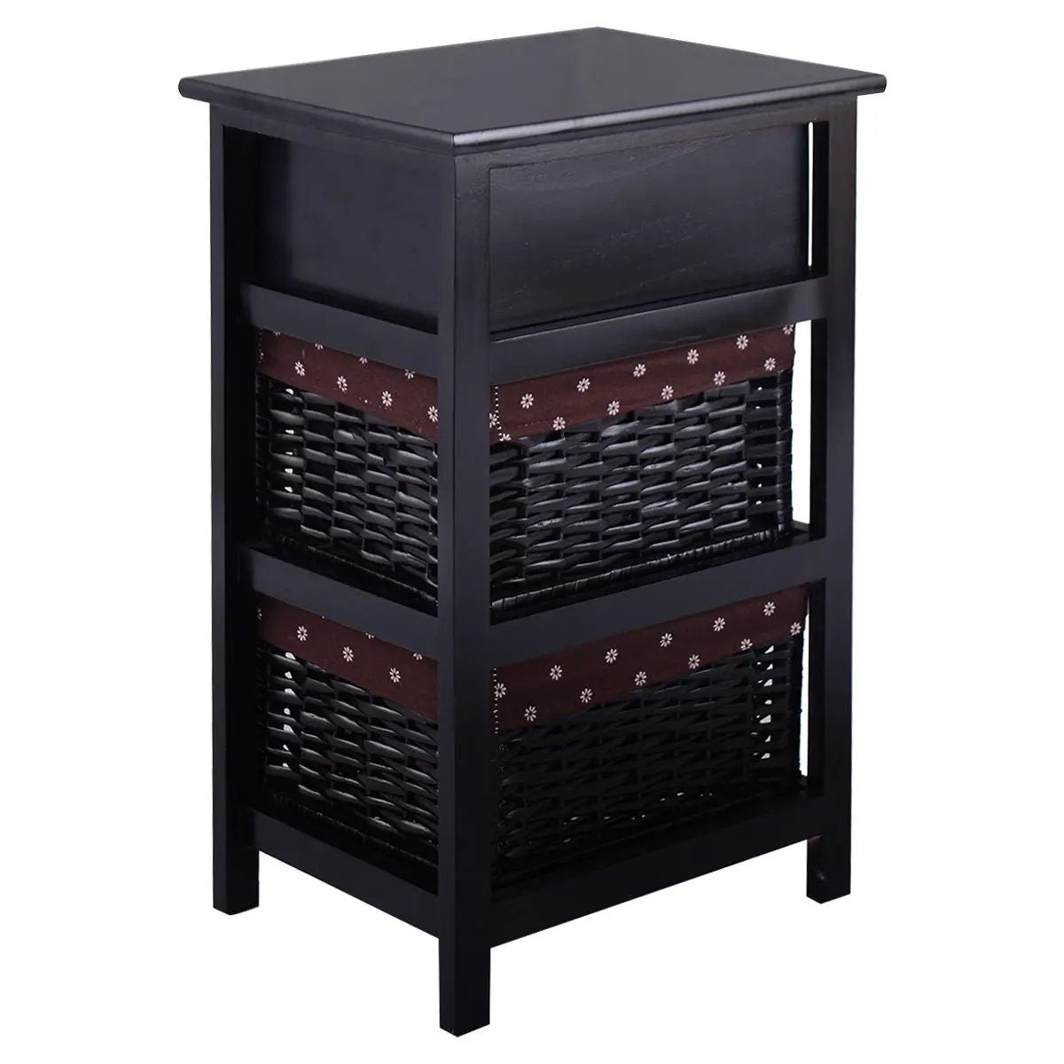 3 Tiers Wooden Storage Nightstand with 2 Baskets and 1 Drawer by DirectDeals