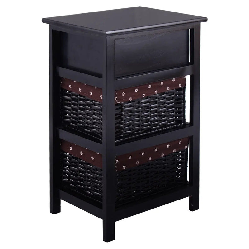 3 Tiers Wooden Storage Nightstand with 2 Baskets and 1 Drawer by DirectDeals