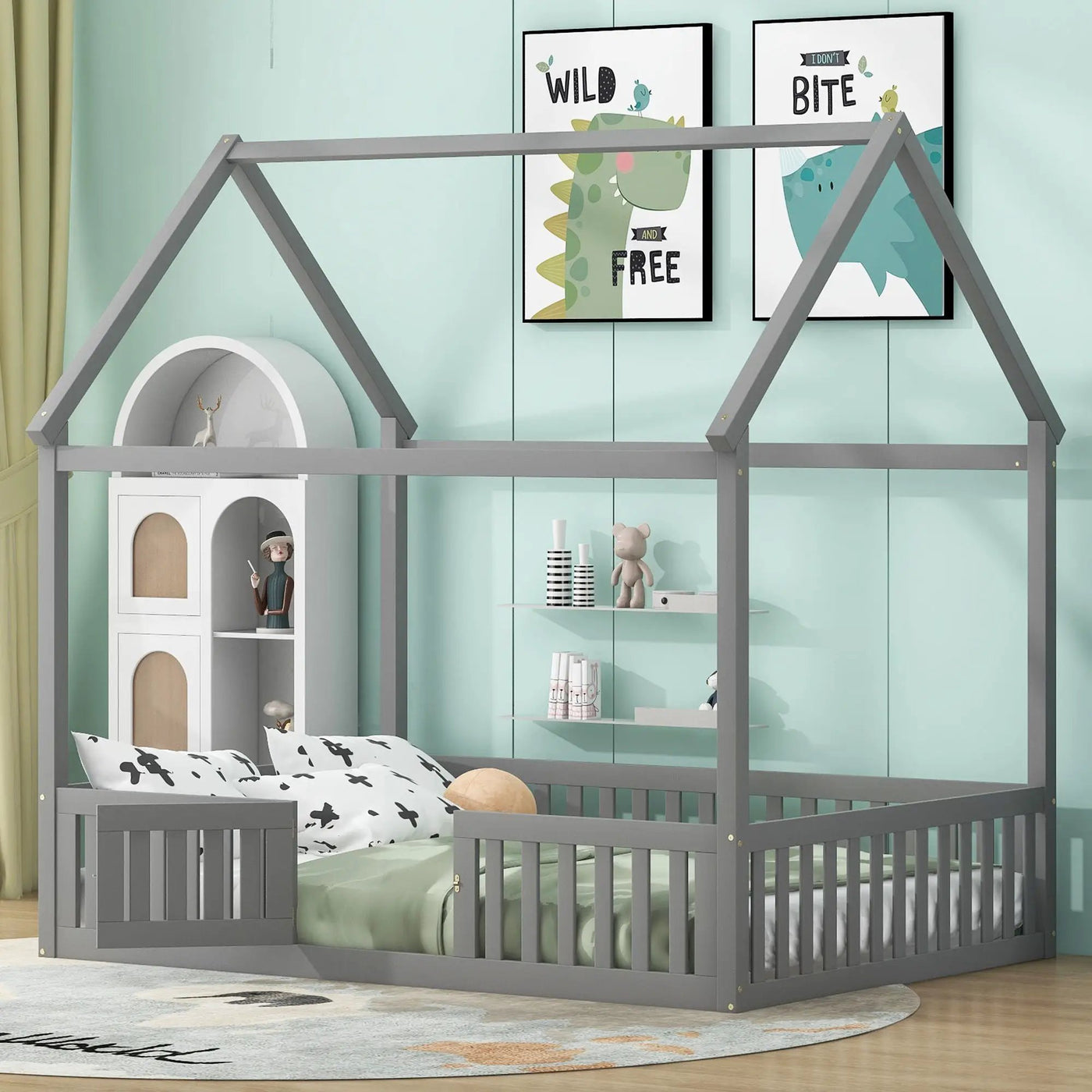 Wood House Bed With Fence And Door by HouseOfZazla