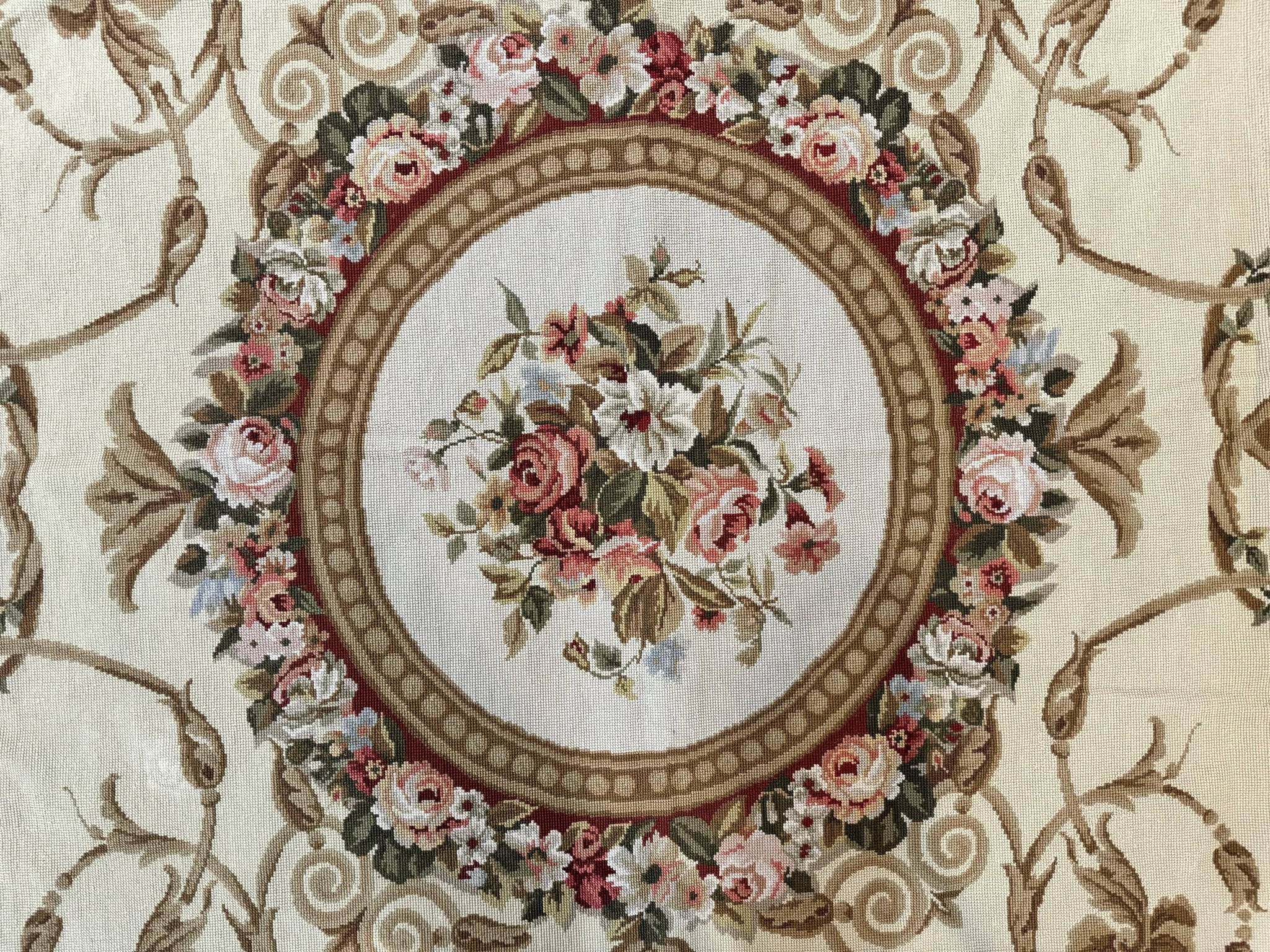 Aubusson Needlepoint Rug 9x11, Handmade Vintage Wool Flatweave Carpet, Elegant European Rug, Floral, Cream by Jewel Rugs