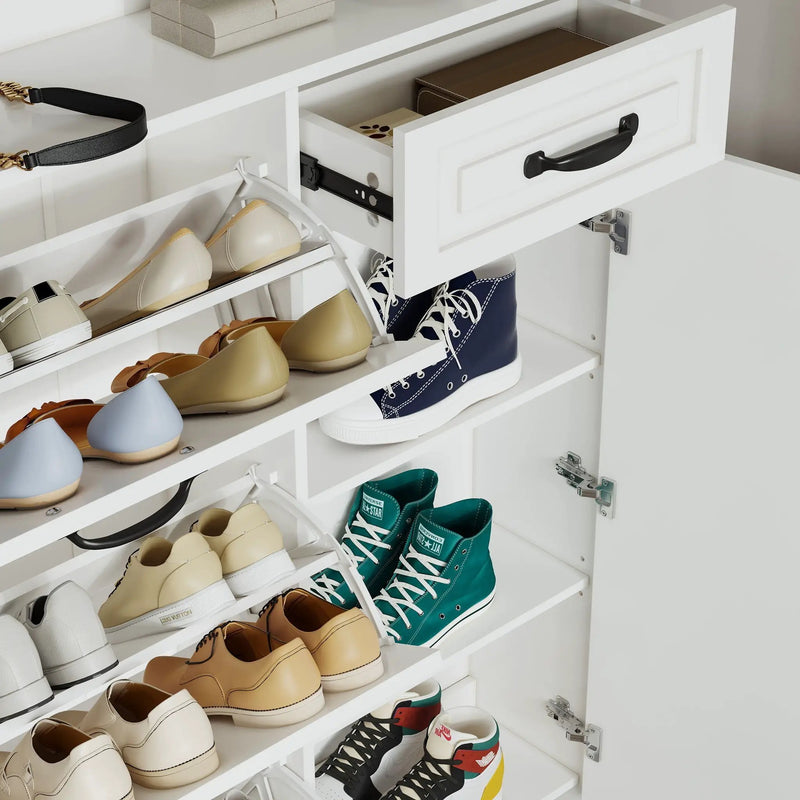 Shoe Cabinet With 4 Doors 1 Drawers, PVC Door With Shape, Large Space For Storage - White by HouseOfZazla