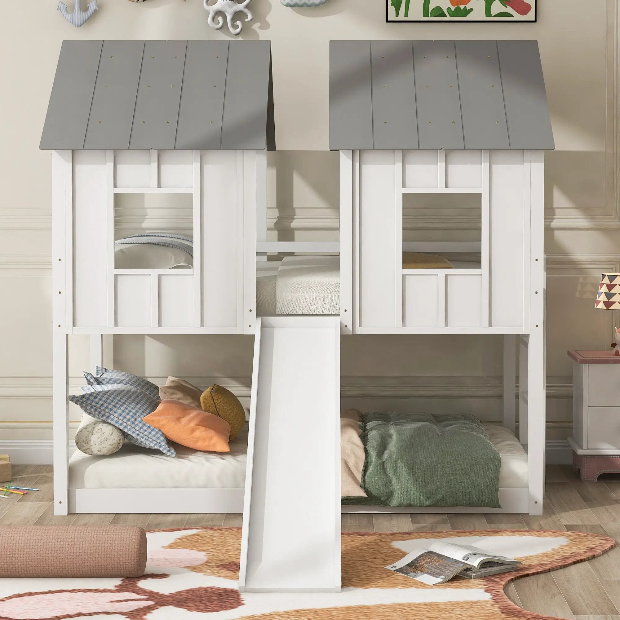 Twin Over Twin House Bunk Bed With Slide And Windows - White / Gray by HouseOfZazla