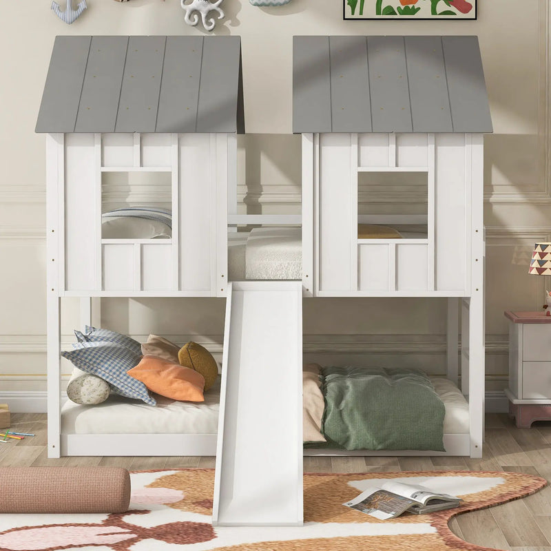 Twin Over Twin House Bunk Bed With Slide And Windows - White / Gray by Unique Piece Furniture