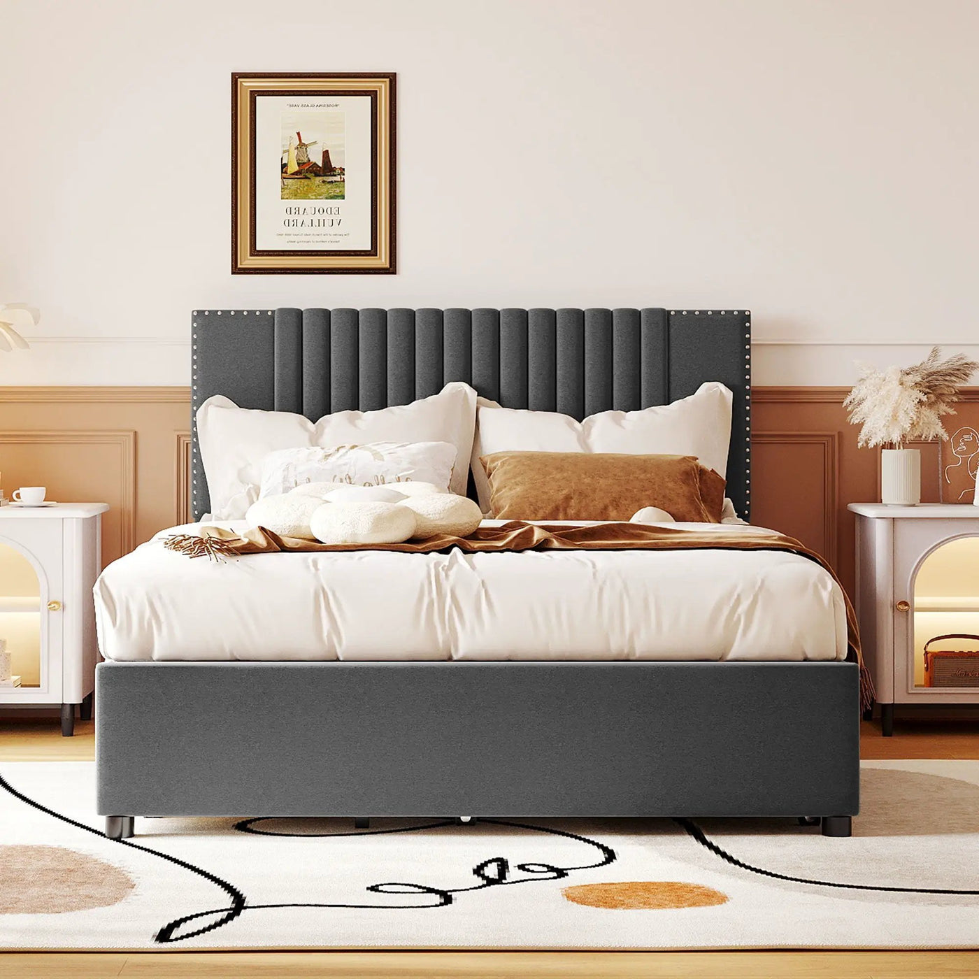 Upholstered Platform Bed With Drawers, Classic Headboard Design by HouseOfZazla
