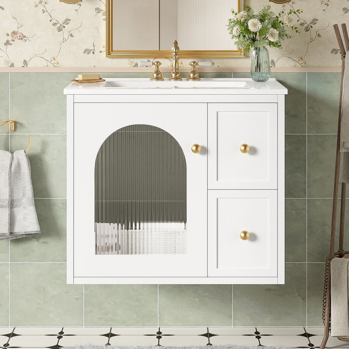 Wall-Mounted Bathroom Vanity Set with Ceramic Sink and Soft-Close Drawers - Black, Beige, or White, photo 11 of 12