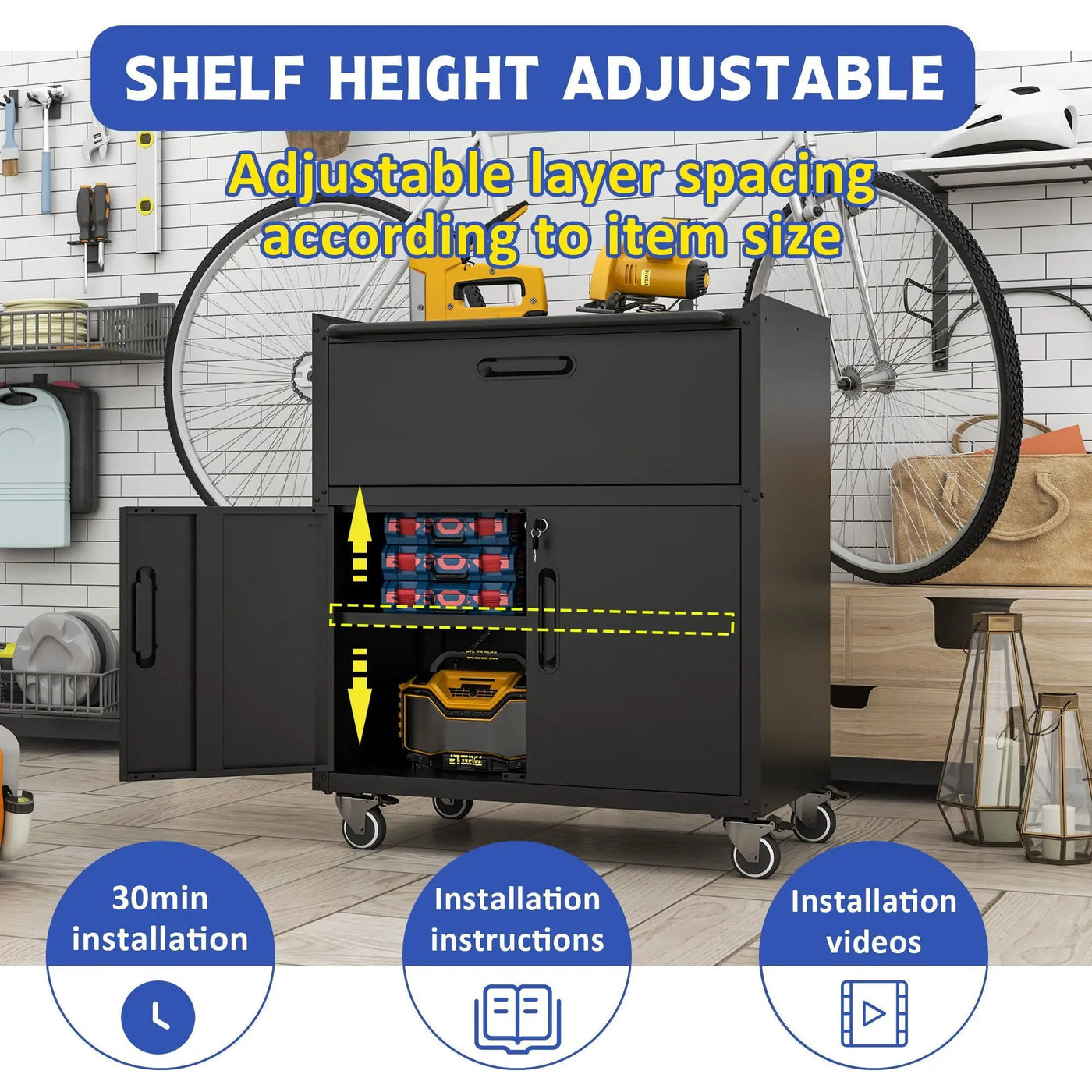 Sturdy And Durable Metal Tool Cabinet For Garage With Wheels Mobile Heavy Duty Storage Cabinet With 1 Drawer And 2 Locking Doors by HouseOfZazla