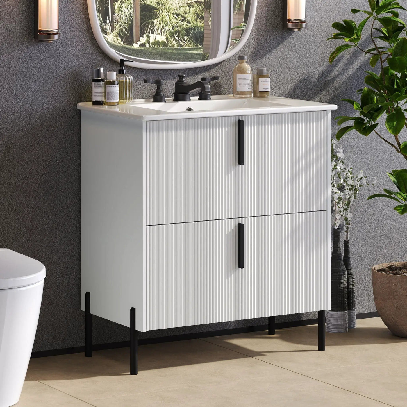 Bathroom Vanity With Ceramic Sink, Fluted Design by HouseOfZazla