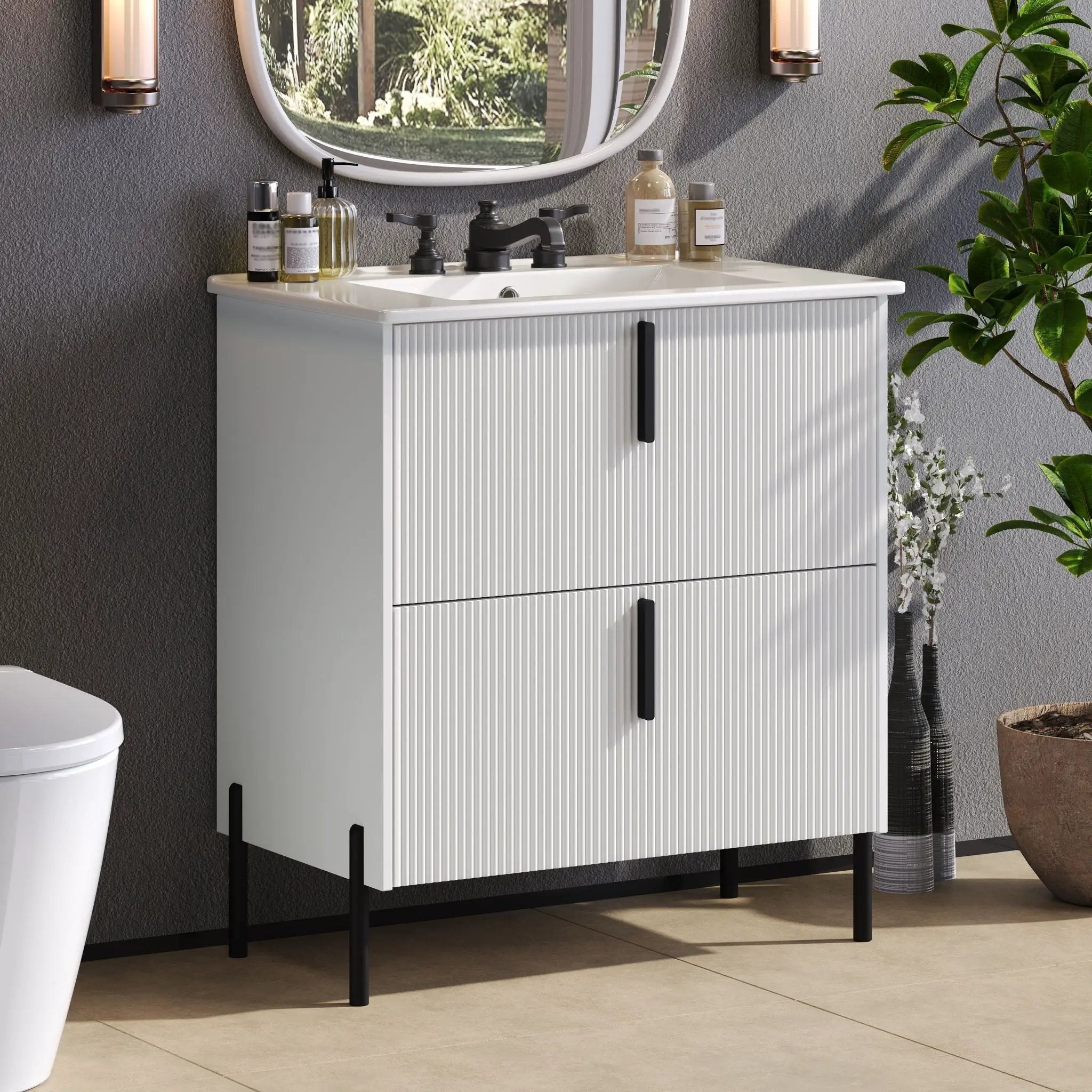 Bathroom Vanity With Ceramic Sink, Fluted Design by HouseOfZazla