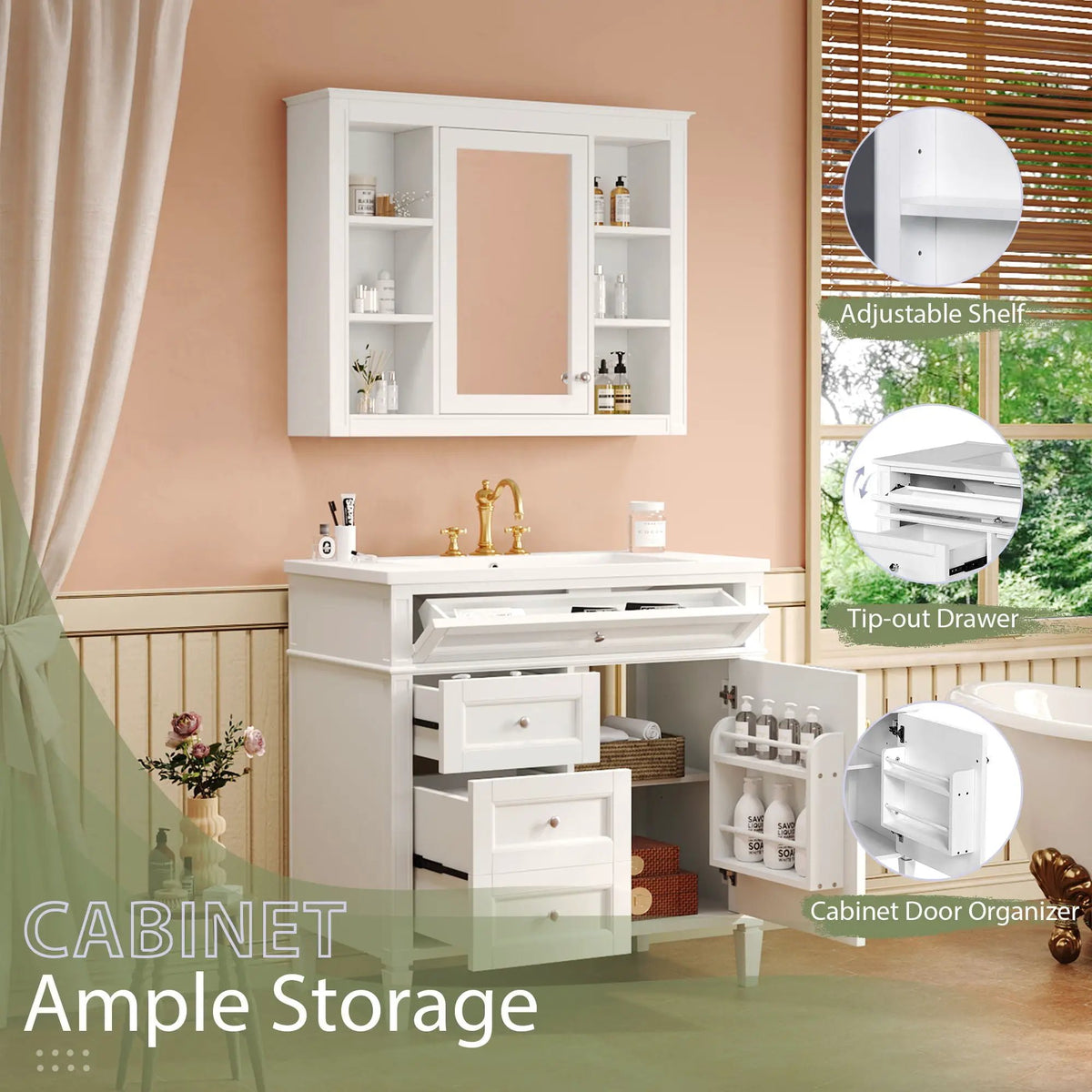 Bathroom Vanity With Mirror Cabinet, Single Sink With 2 Soft Closing Doors And 4 Drawers, photo 28 of 35
