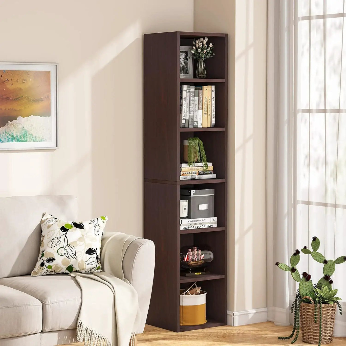 6 Tier Narrow Corner Cube Bookcase Storage, Freestanding Shelf With Open Cubes For Living Room by HouseOfZazla