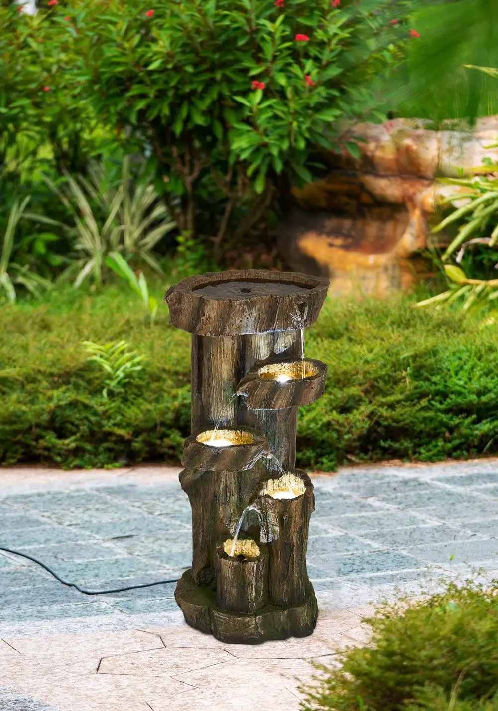 Rustic Decorative Tree Trunk 5 Tier Water Fountain, With Light And Pump, For Indoor And Outdoor - Brown by HouseOfZazla